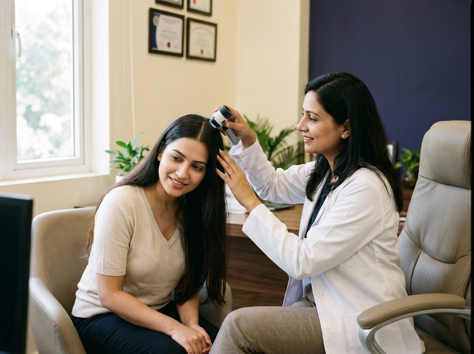 Hair specialist examining a patient’s scalp before PRP treatment